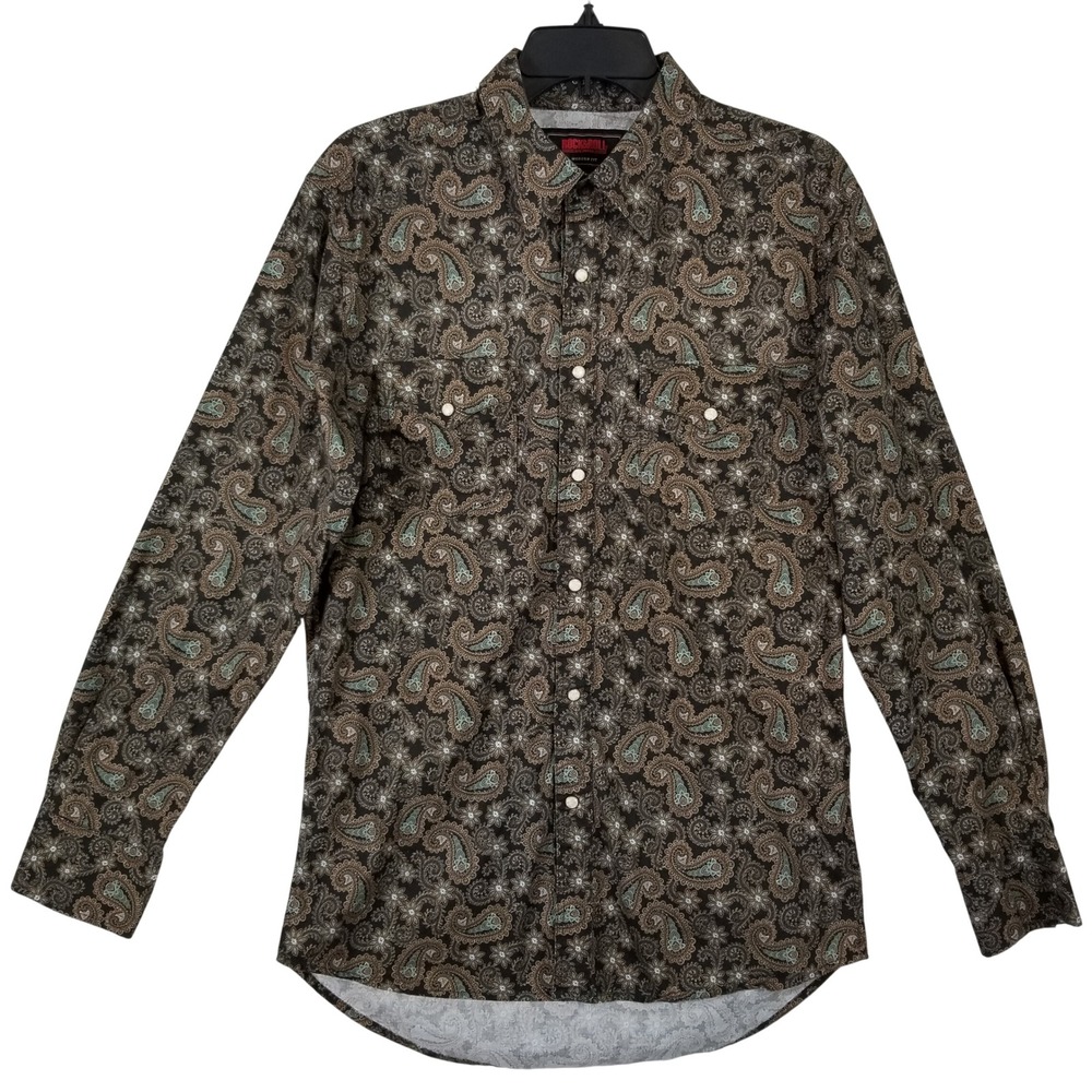 Rock & Roll Denim Mens Modern Fit Paisley Western Snap Shirt Brown Teal M 136S